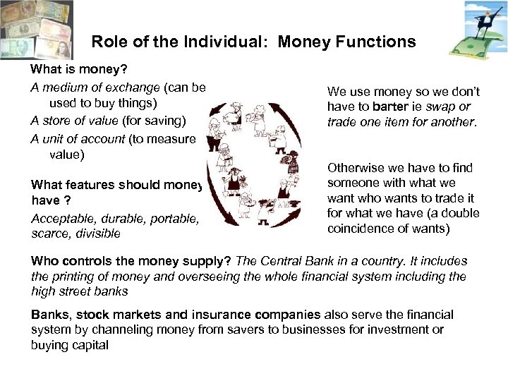 Role of the Individual: Money Functions What is money? A medium of exchange (can