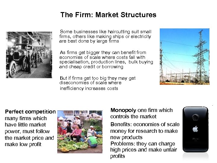 The Firm: Market Structures Some businesses like haircutting suit small firms, others like making