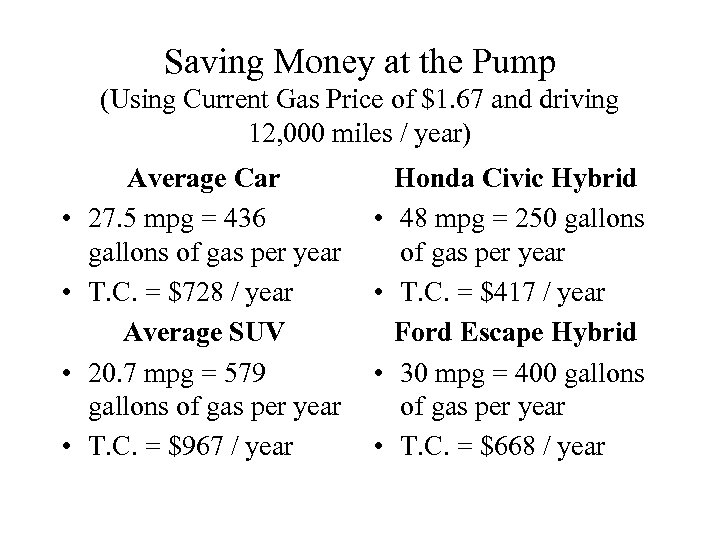 Saving Money at the Pump (Using Current Gas Price of $1. 67 and driving