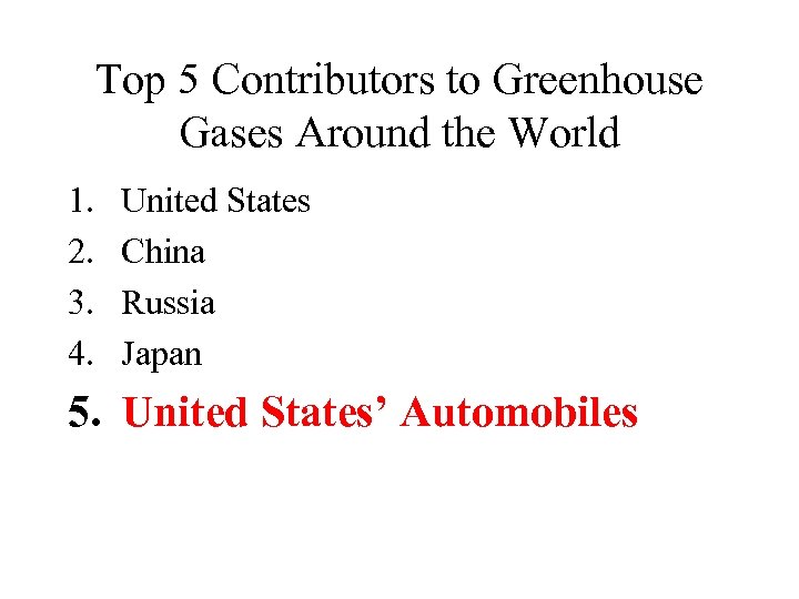 Top 5 Contributors to Greenhouse Gases Around the World 1. 2. 3. 4. United