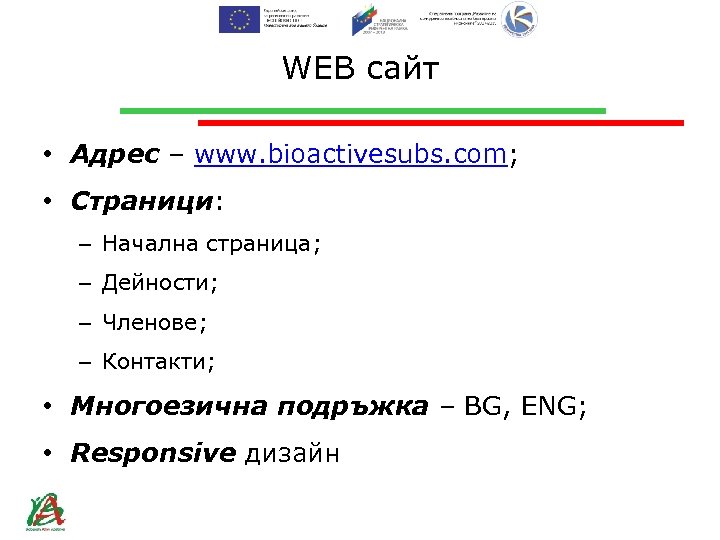 WEB сайт • Адрес – www. bioactivesubs. com; • Страници: – Начална страница; –