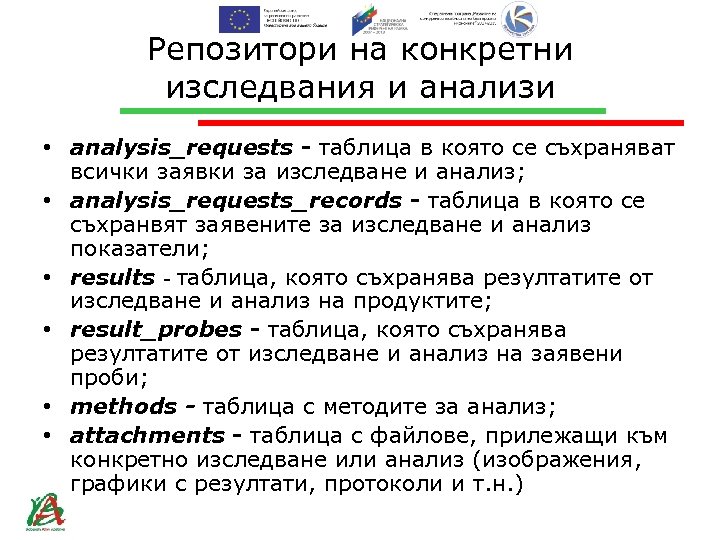 Репозитори на конкретни изследвания и анализи • analysis_requests - таблица в която се съхраняват