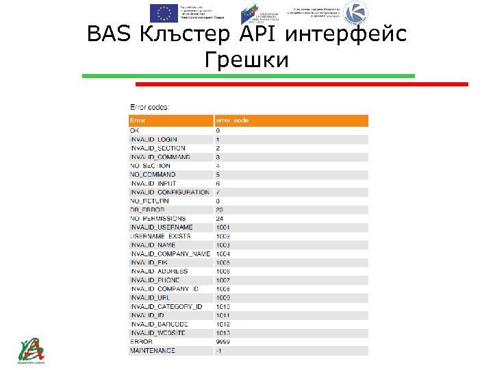 BAS Клъстер API интерфейс Грешки 