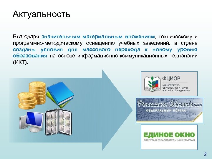 Актуальность Благодаря значительным материальным вложениям, техническому и программно-методическому оснащению учебных заведений, в стране созданы