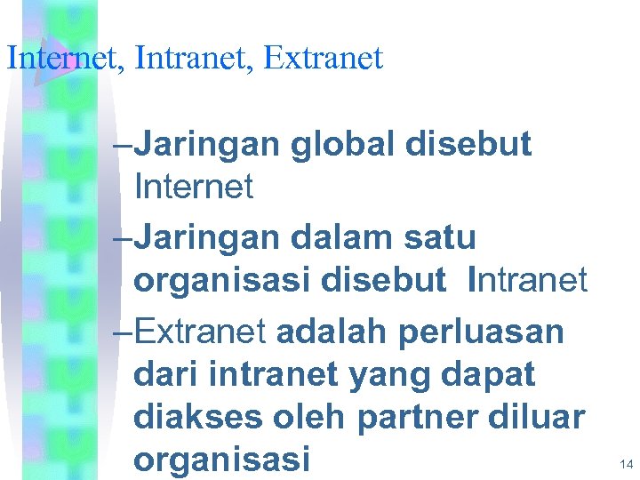Internet, Intranet, Extranet –Jaringan global disebut Internet –Jaringan dalam satu organisasi disebut Intranet –Extranet