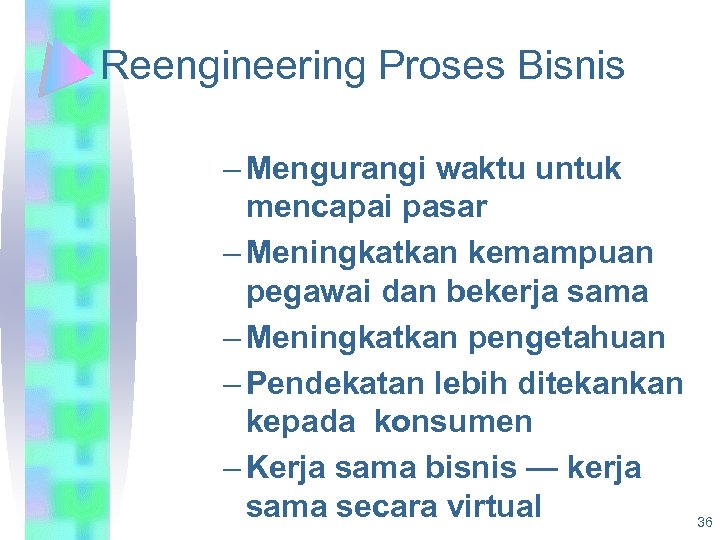 Reengineering Proses Bisnis – Mengurangi waktu untuk mencapai pasar – Meningkatkan kemampuan pegawai dan