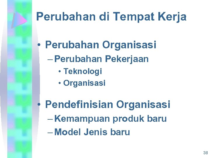 Perubahan di Tempat Kerja • Perubahan Organisasi – Perubahan Pekerjaan • Teknologi • Organisasi