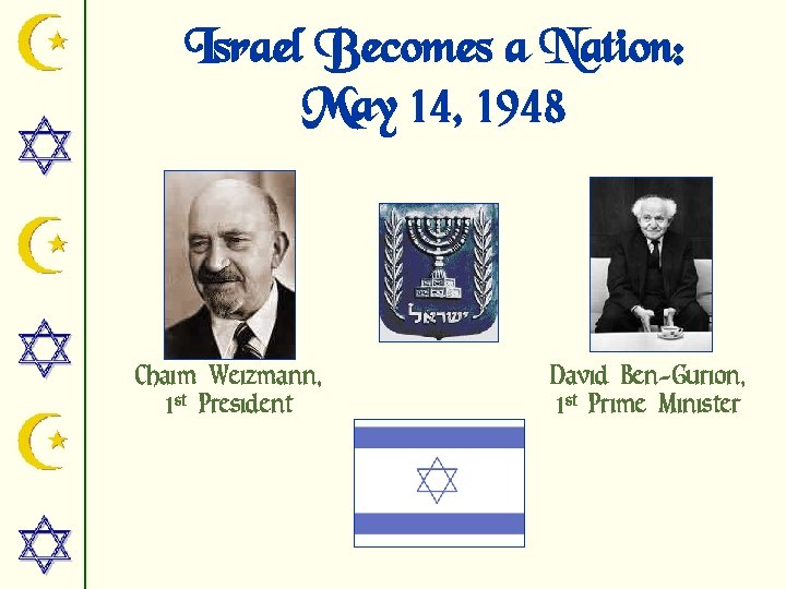 Israel Becomes a Nation: May 14, 1948 Chaim Weizmann, 1 st President David Ben-Gurion,