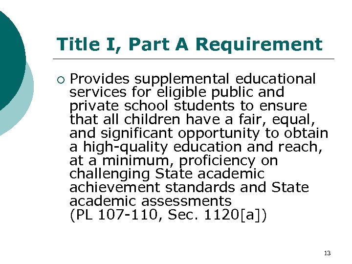 Title I, Part A Requirement ¡ Provides supplemental educational services for eligible public and