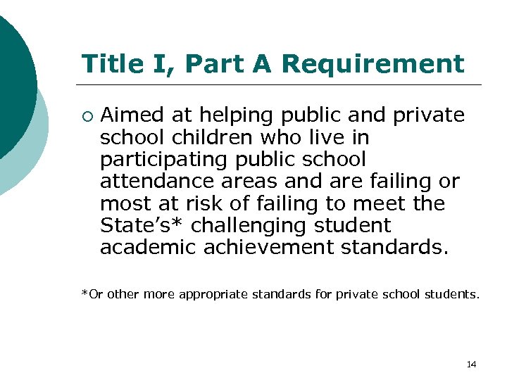 Title I, Part A Requirement ¡ Aimed at helping public and private school children