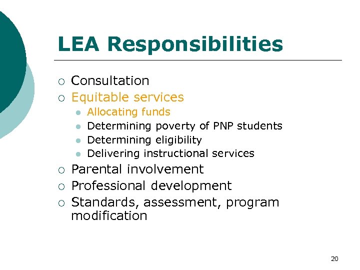 LEA Responsibilities ¡ ¡ Consultation Equitable services l l ¡ ¡ ¡ Allocating funds