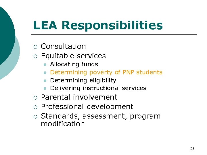 LEA Responsibilities ¡ ¡ Consultation Equitable services l l ¡ ¡ ¡ Allocating funds