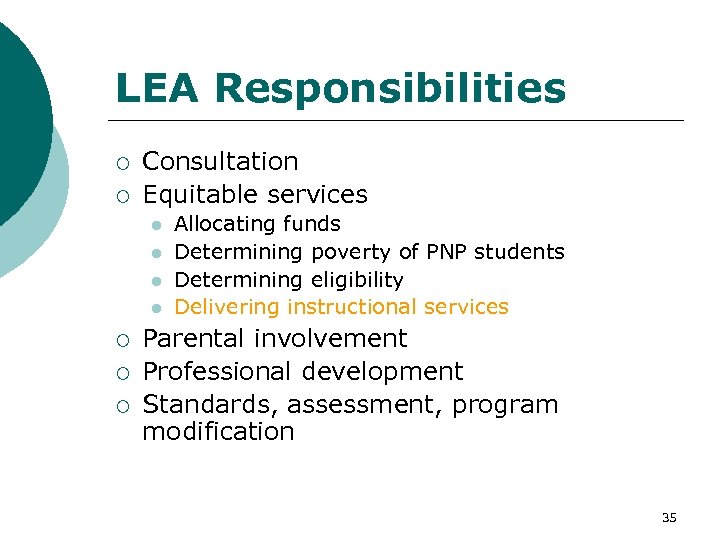 LEA Responsibilities ¡ ¡ Consultation Equitable services l l ¡ ¡ ¡ Allocating funds