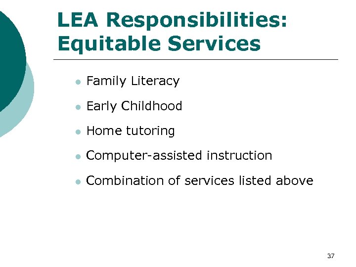 LEA Responsibilities: Equitable Services l Family Literacy l Early Childhood l Home tutoring l