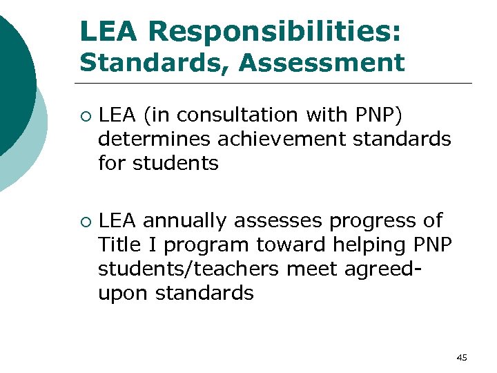 LEA Responsibilities: Standards, Assessment ¡ ¡ LEA (in consultation with PNP) determines achievement standards