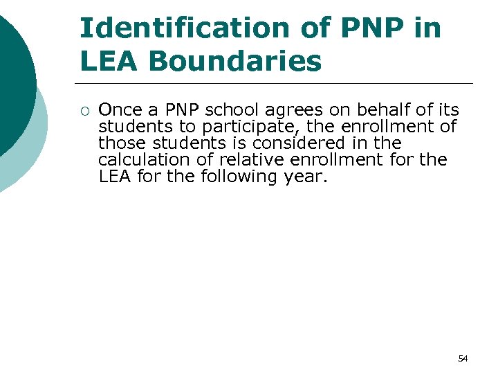 Identification of PNP in LEA Boundaries ¡ Once a PNP school agrees on behalf