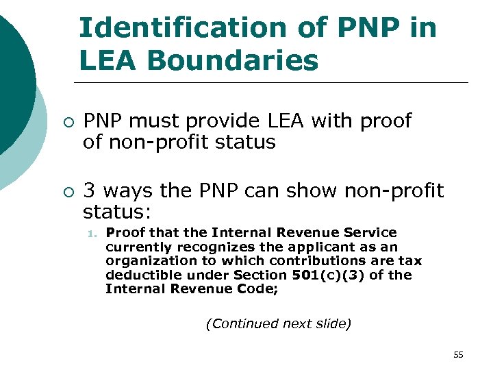 Identification of PNP in LEA Boundaries ¡ ¡ PNP must provide LEA with proof