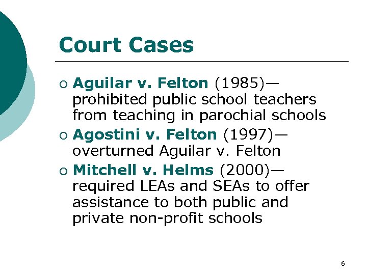 Court Cases Aguilar v. Felton (1985)— prohibited public school teachers from teaching in parochial