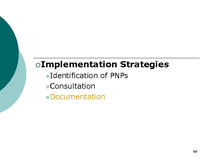 ¡Implementation l. Identification Strategies of PNPs l. Consultation l. Documentation 64 