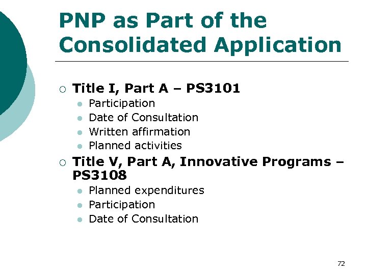 PNP as Part of the Consolidated Application ¡ Title I, Part A – PS