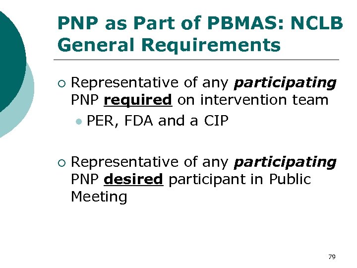 PNP as Part of PBMAS: NCLB General Requirements ¡ ¡ Representative of any participating