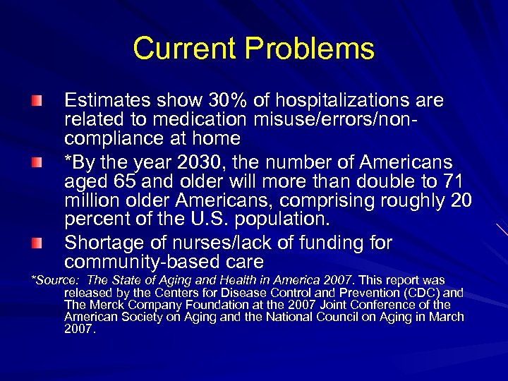 Current Problems Estimates show 30% of hospitalizations are related to medication misuse/errors/noncompliance at home
