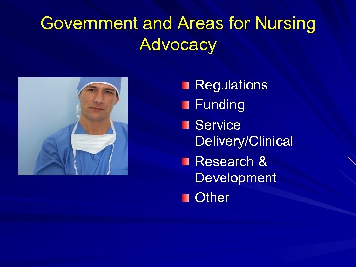 Government and Areas for Nursing Advocacy Regulations Funding Service Delivery/Clinical Research & Development Other