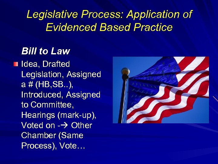 Legislative Process: Application of Evidenced Based Practice Bill to Law Idea, Drafted Legislation, Assigned