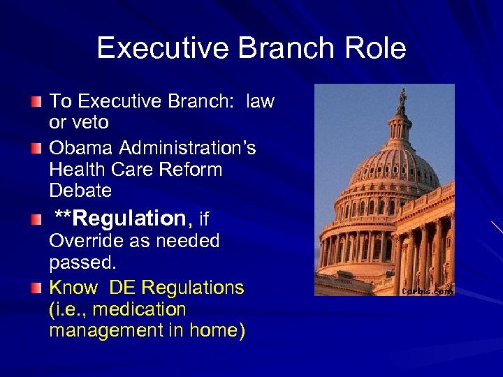 Executive Branch Role To Executive Branch: law or veto Obama Administration’s Health Care Reform