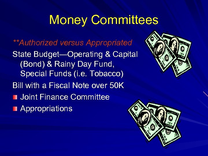 Money Committees **Authorized versus Appropriated State Budget—Operating & Capital (Bond) & Rainy Day Fund,