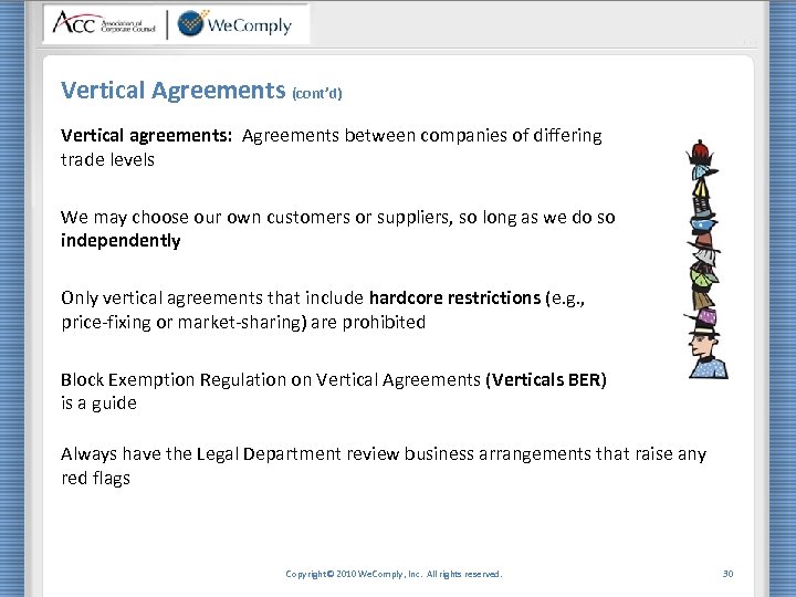 Vertical Agreements (cont’d) Vertical agreements: Agreements between companies of differing trade levels We may