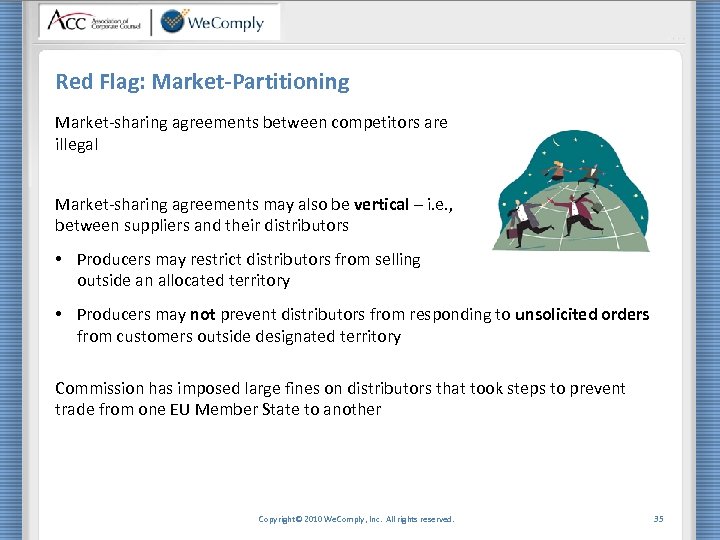 Red Flag: Market-Partitioning Market-sharing agreements between competitors are illegal Market-sharing agreements may also be