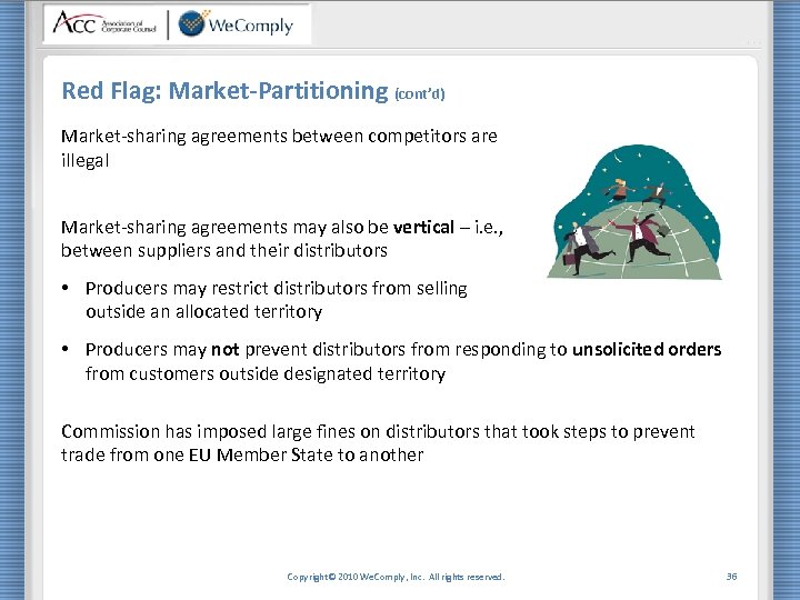 Red Flag: Market-Partitioning (cont’d) Market-sharing agreements between competitors are illegal Market-sharing agreements may also