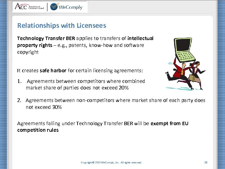 Relationships with Licensees Technology Transfer BER applies to transfers of intellectual property rights –
