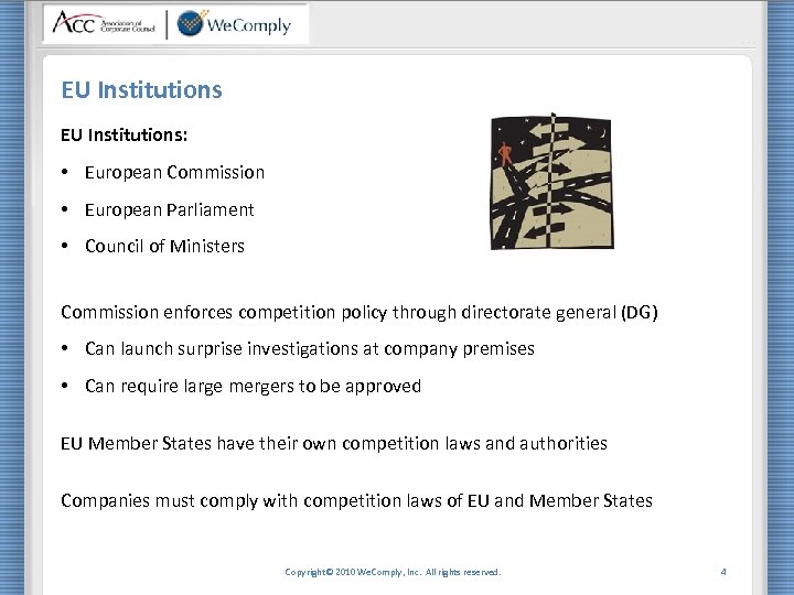 EU Institutions: • European Commission • European Parliament • Council of Ministers Commission enforces