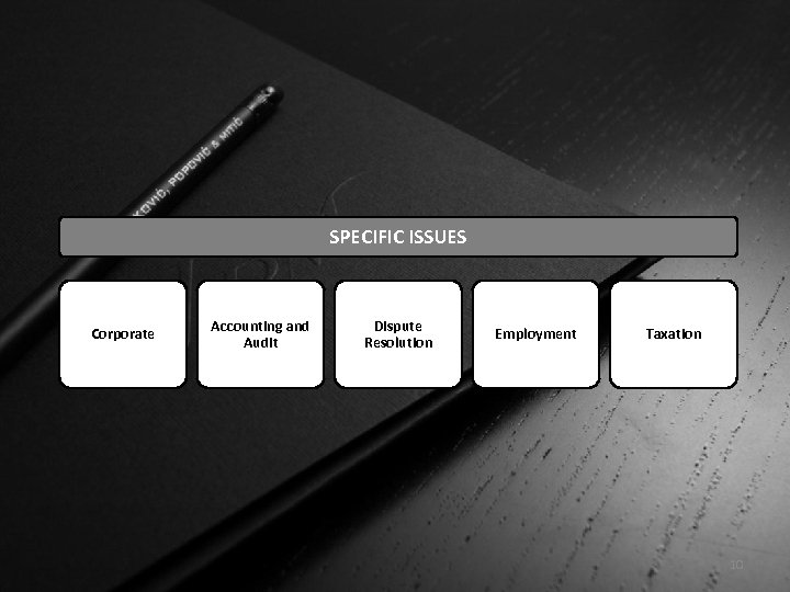 SPECIFIC ISSUES Corporate Accounting and Audit Dispute Resolution Employment Taxation 10 