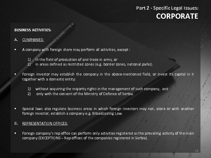 Part 2 - Specific Legal Issues: CORPORATE BUSINESS ACTIVITIES: A. COMPANIES: § A company