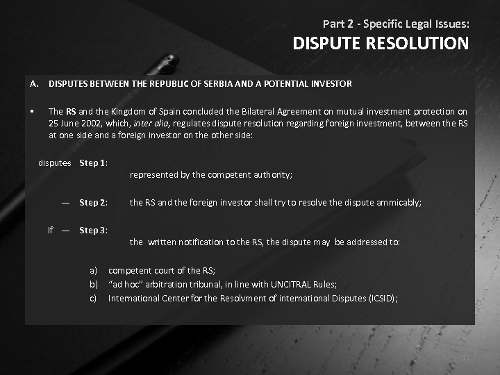 Part 2 - Specific Legal Issues: DISPUTE RESOLUTION A. DISPUTES BETWEEN THE REPUBLIC OF