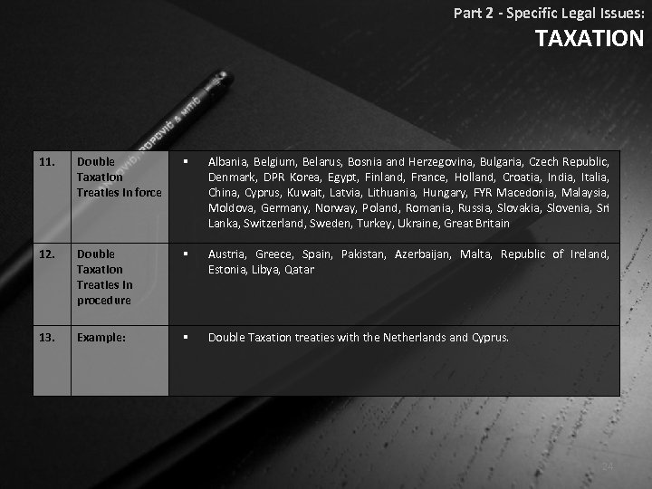 Part 2 - Specific Legal Issues: TAXATION 11. Double Taxation Treaties in force §