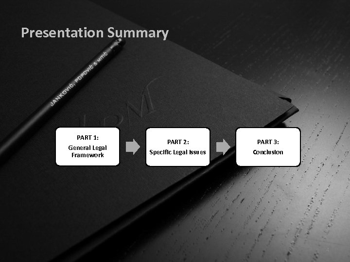Presentation Summary PART 1: General Legal Framework PART 2: Specific Legal Issues PART 3: