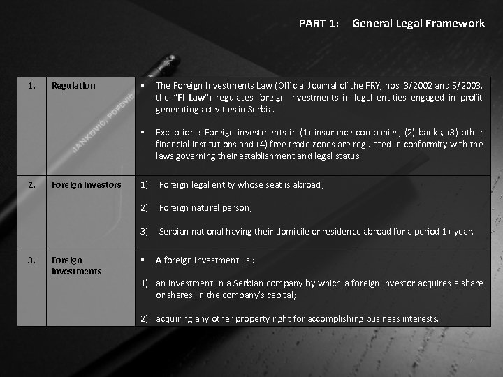 PART 1: 1. Regulation General Legal Framework § The Foreign Investments Law (Official Journal