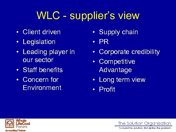 WLC - supplier’s view • Client driven • Legislation • Leading player in our