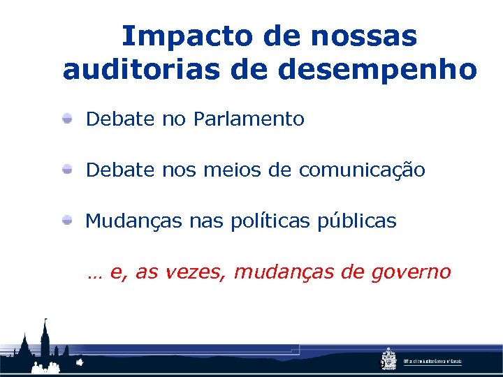 Impacto de nossas auditorias de desempenho Debate no Parlamento Debate nos meios de comunicação