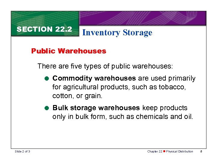 SECTION 22. 2 Inventory Storage Public Warehouses There are five types of public warehouses: