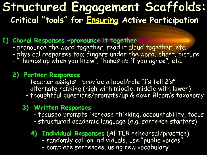 Structured Engagement Scaffolds: Critical “tools” for Ensuring Active Participation 1) Choral Responses -pronounce it