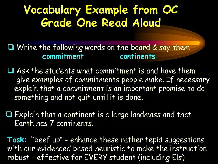 Vocabulary Example from OC Grade One Read Aloud q Write the following words on