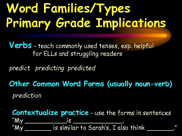Word Families/Types Primary Grade Implications Verbs - teach commonly used tenses, esp. helpful for
