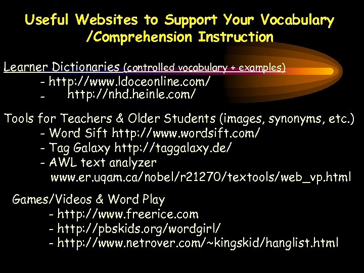 Useful Websites to Support Your Vocabulary /Comprehension Instruction Learner Dictionaries (controlled vocabulary + examples)
