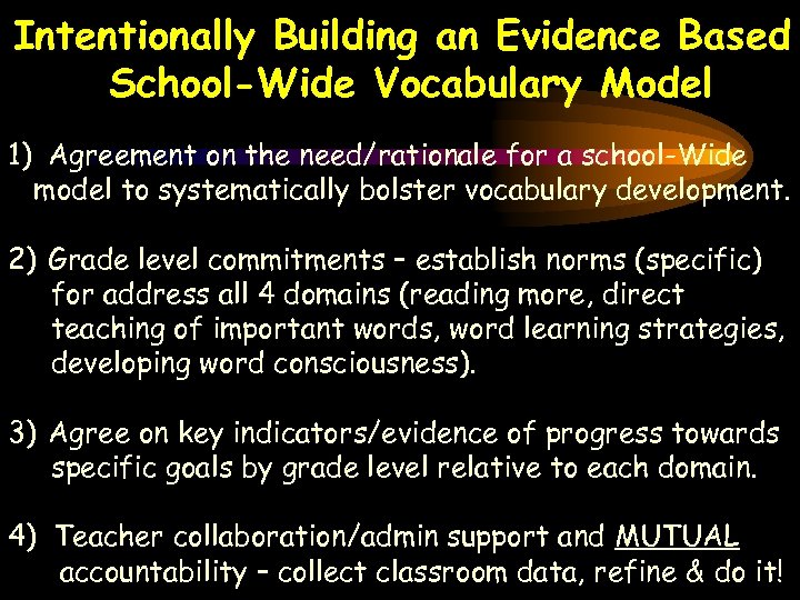 Intentionally Building an Evidence Based School-Wide Vocabulary Model 1) Agreement on the need/rationale for