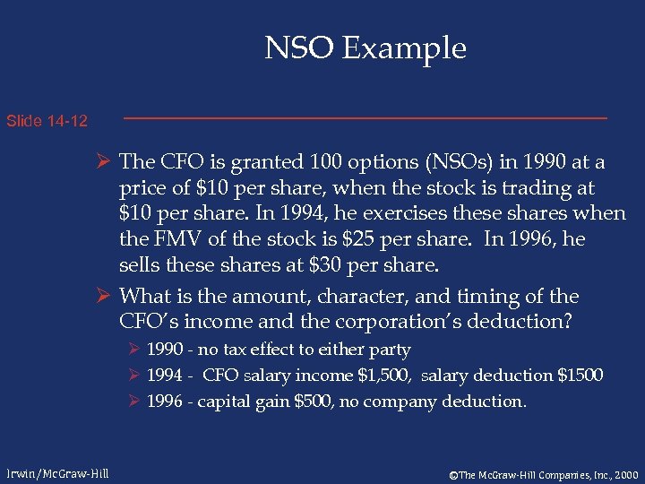 NSO Example Slide 14 -12 Ø The CFO is granted 100 options (NSOs) in